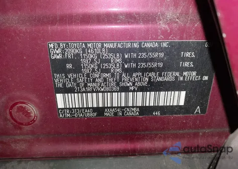 2019 Toyota Rav4 Xle Premium from USA, damaged, VIN 2T3A1RFV7KW080369